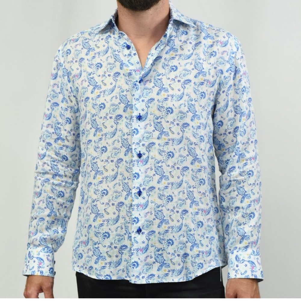 Masutto Men’s Made in Italy 100% Linen Dress Shirt Blue & White Paisley Large Lg